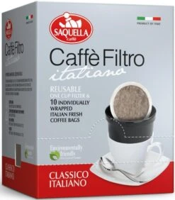Saquella Caffé Filtro Classico Italiano Reusable One Cup Filter & 10 X Italian Coffee Bags